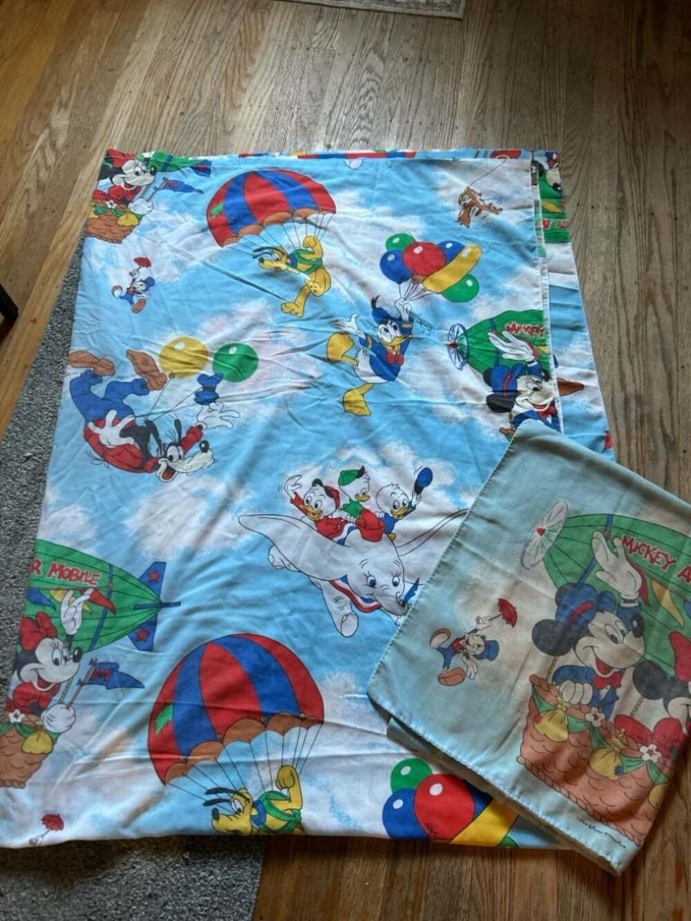 Vintage Disney Characters Hot Air Balloon Twin Flat Sheet and Pillowcase